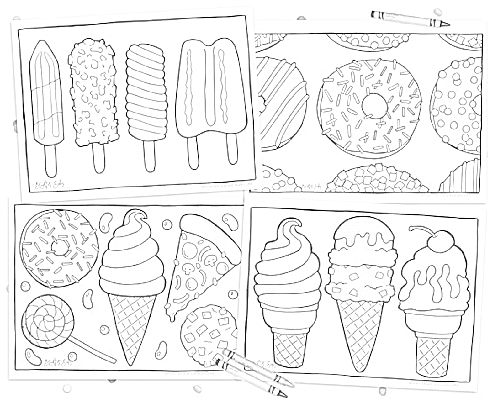 На раскраске изображено: Эскимо, Мороженое, Вафельный рожок, Леденцы, Пицца, Сладости, Для девочек, Еда, Десерты, Пончик