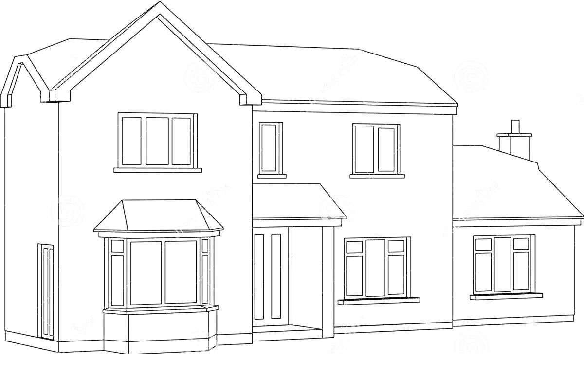 На раскраске изображено: Дом, Фасад, Окна, Дверь, Крыша, Дымоход