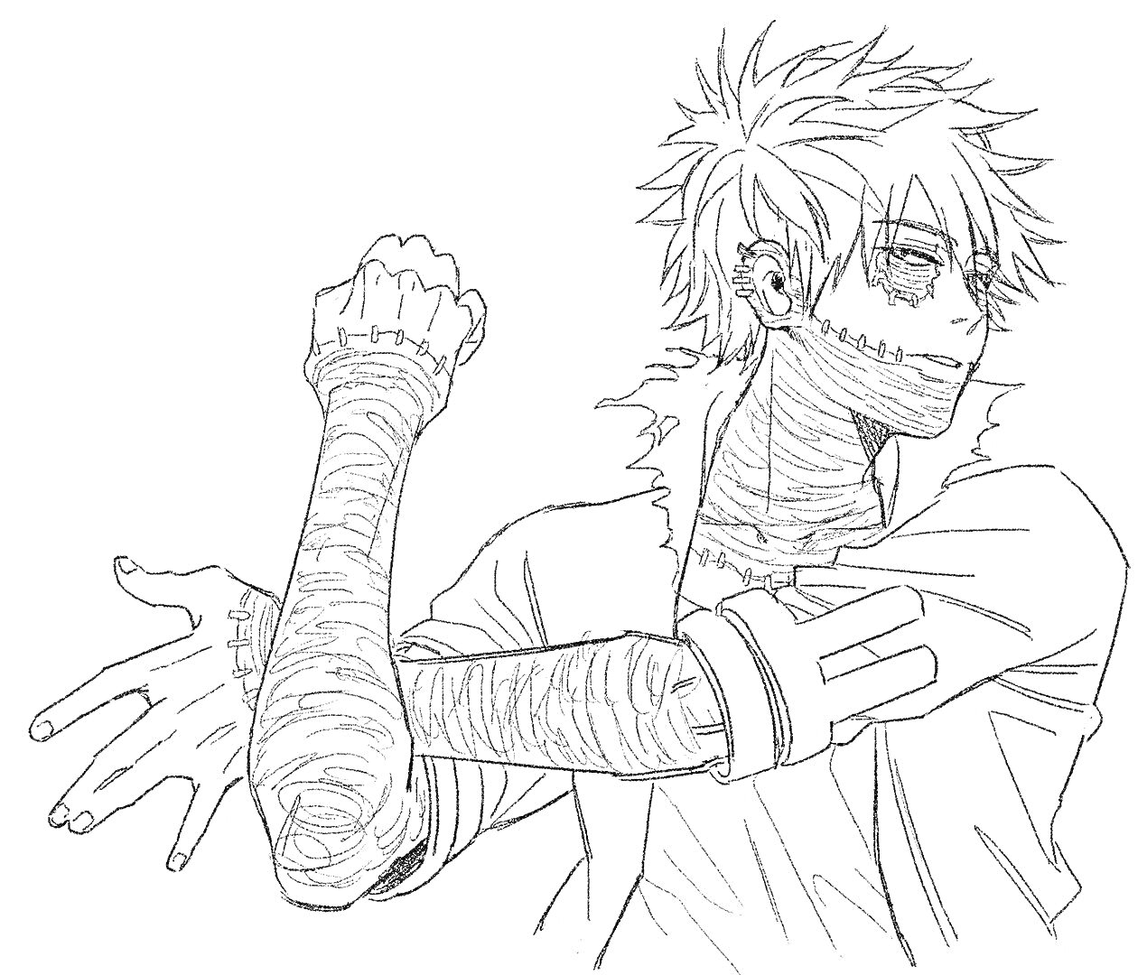 Раскраска Персонаж с короткими волосами и повязками на лице и руках из академии героев