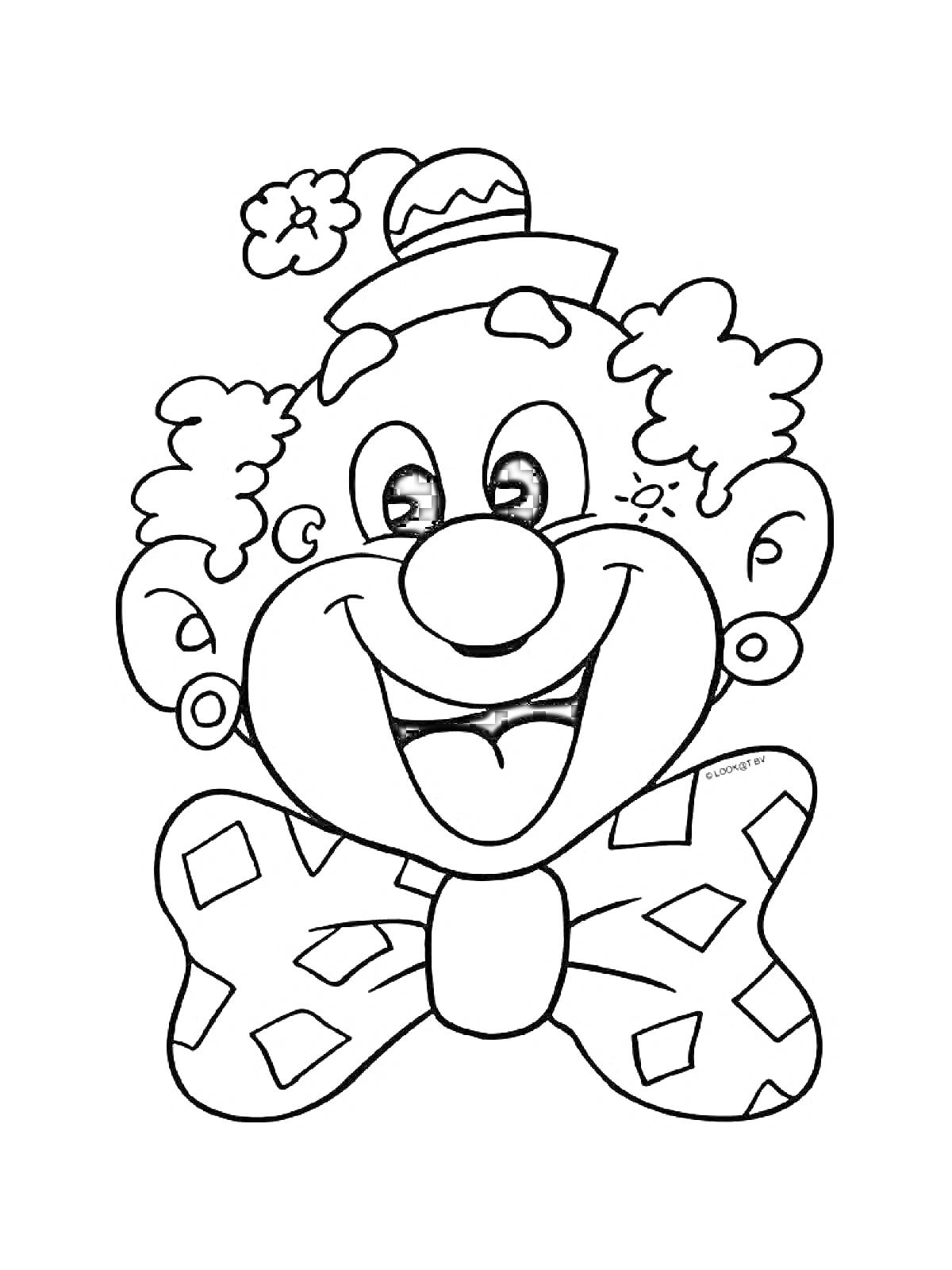 Раскраска Лицо клоуна с большими ушами, шляпой с помпоном и бантом с ромбами
