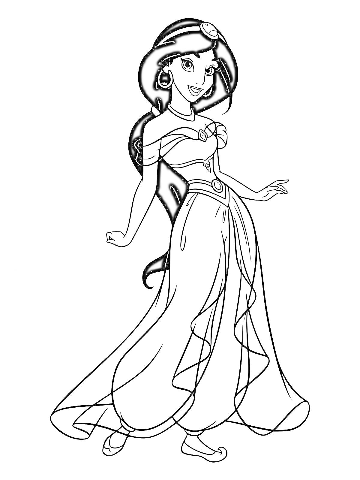 Раскраска Принцесса в длинном платье с тиарой и серьгами, длинные волосы