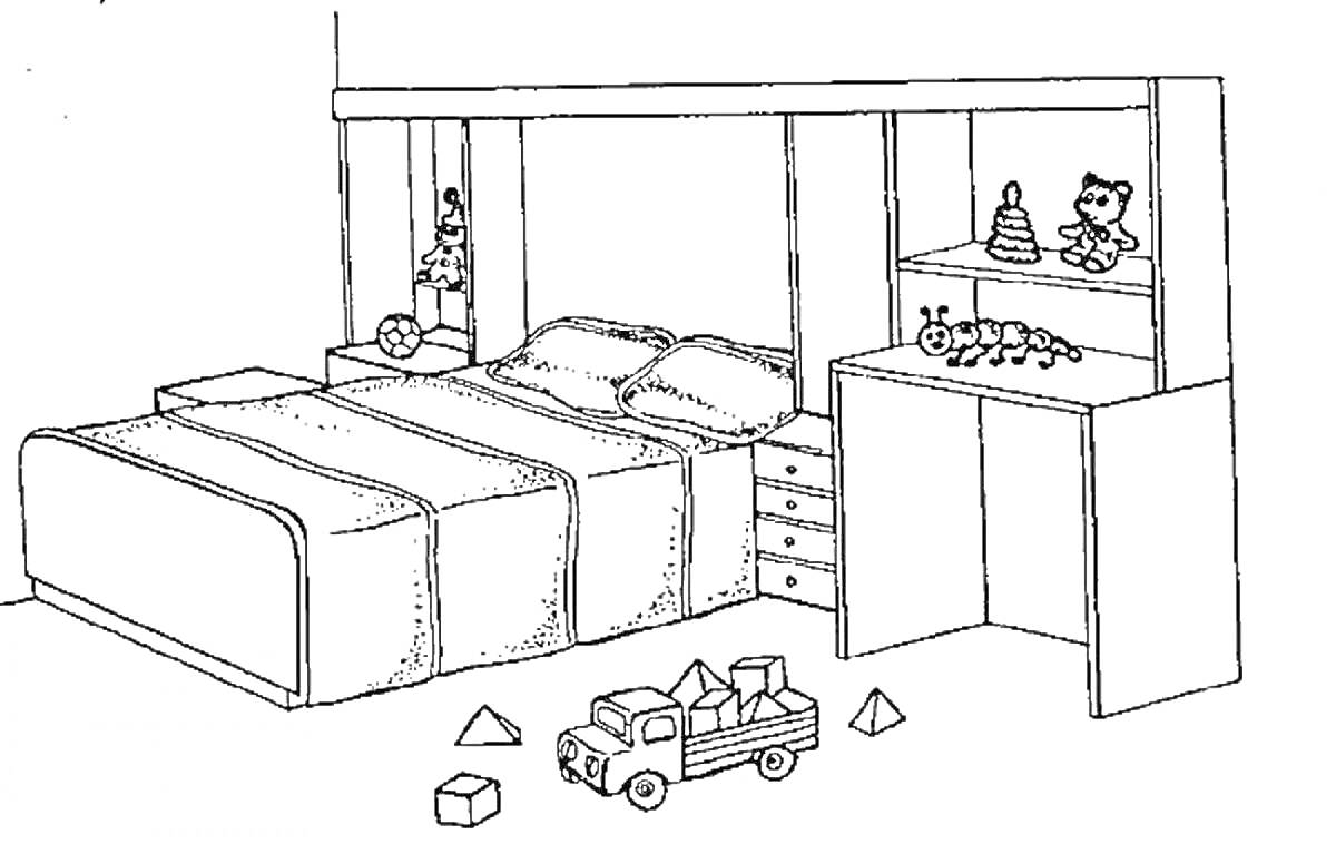 Раскраска Детская комната с кроватью, игрушками и мебелью (кровать, подушки, ящики, полки с игрушками, грузовик, кубики, кегли)