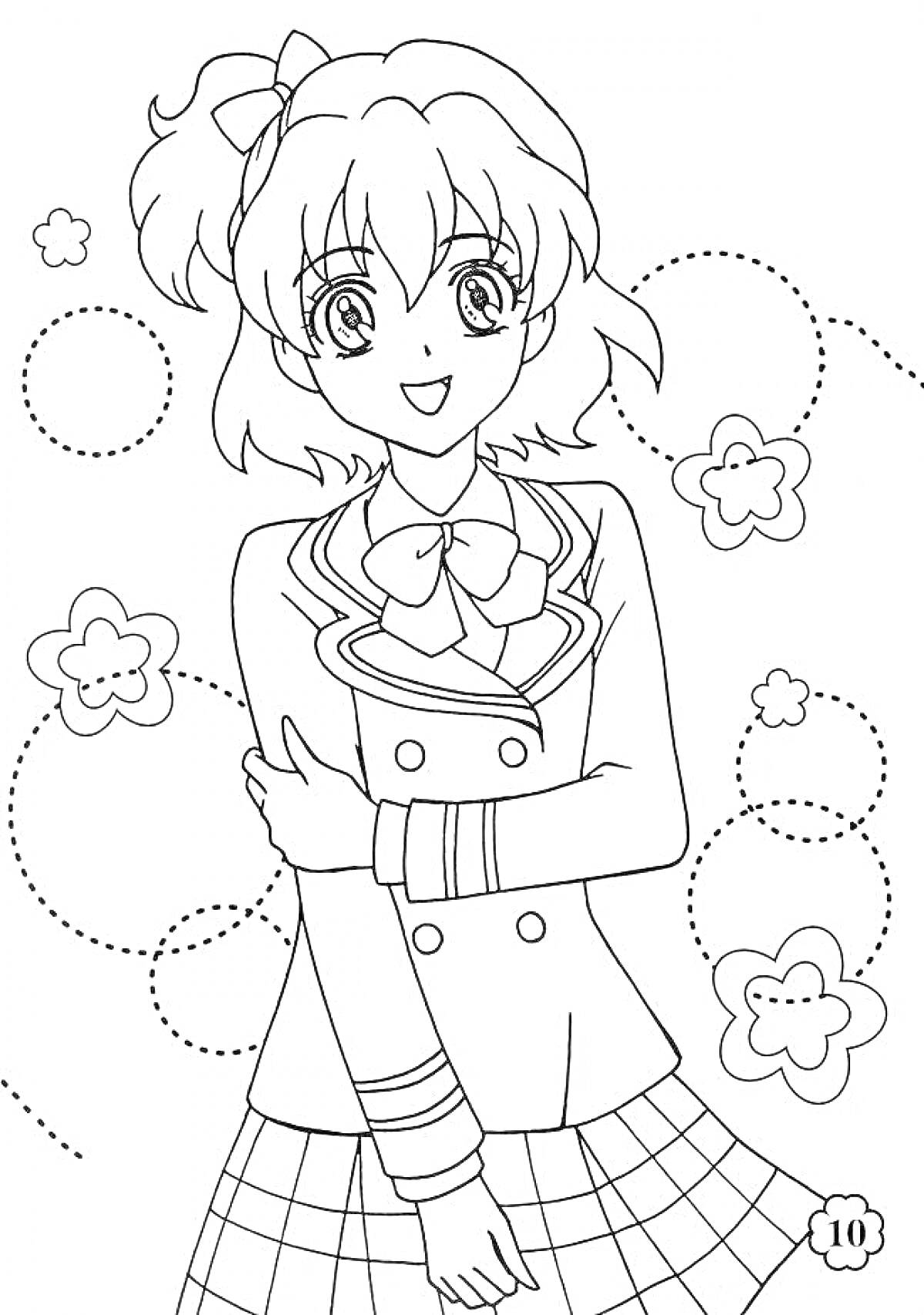Раскраска Девочка-школьница в форме с цветами на фоне