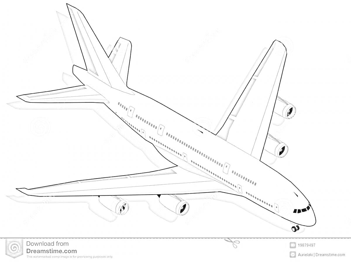 Раскраска Аэробус с четырьмя двигателями на крыльях