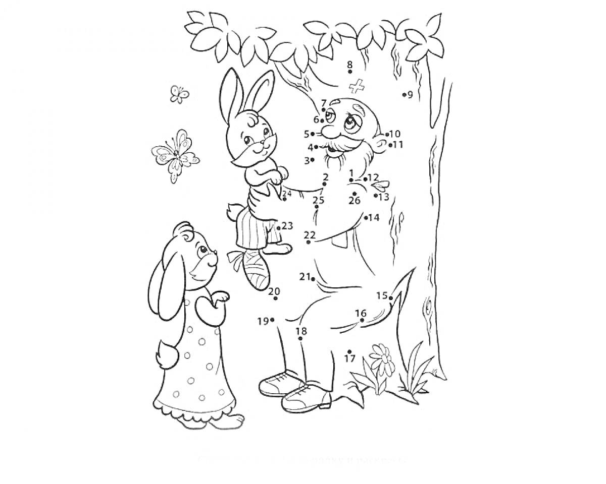 Доктор Айболит под деревом, осматривает больного зайца, мама зайчиха переживает, на дереве сидит белка