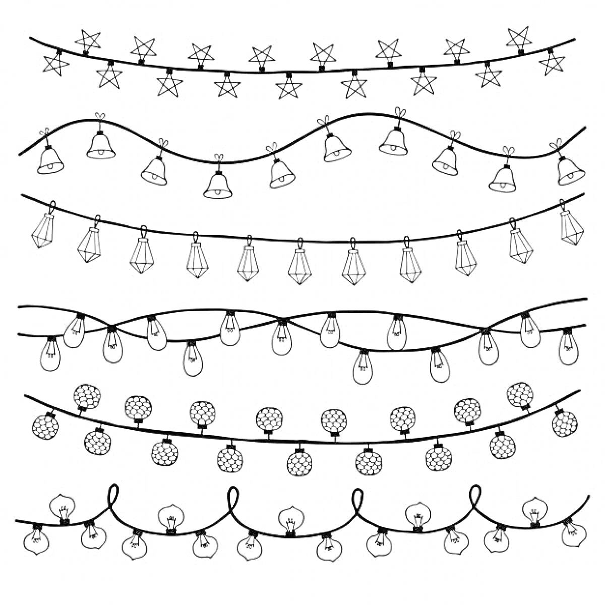 Гирлянды с звездами, колокольчиками, кристаллами, лампочками, шарами и огоньками