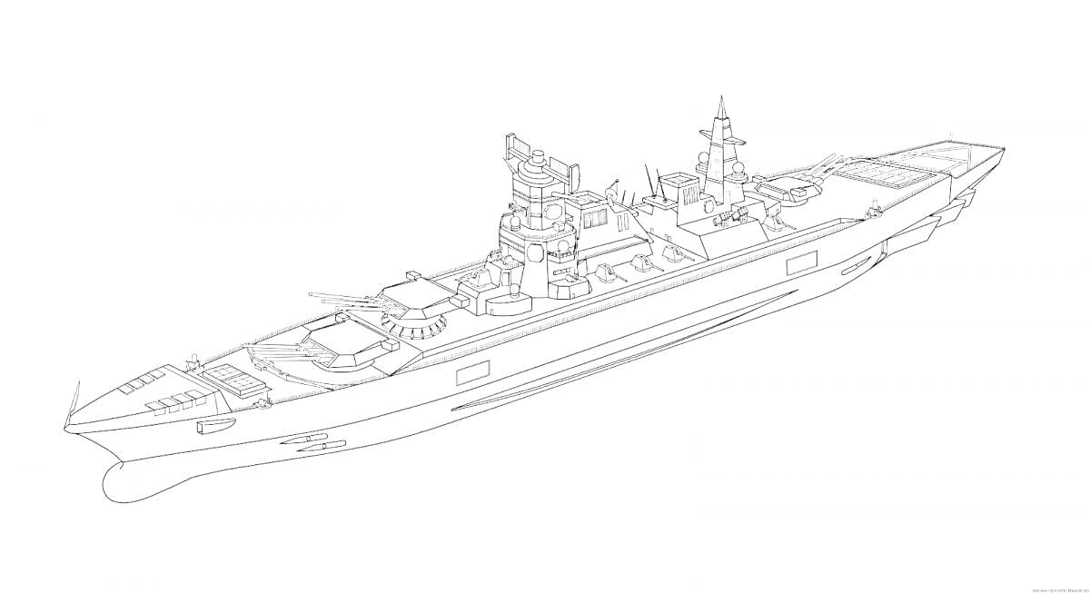 На раскраске изображено: Крейсер, Военный корабль, Башни, Ангар, Палуба, Морской транспорт, Катер