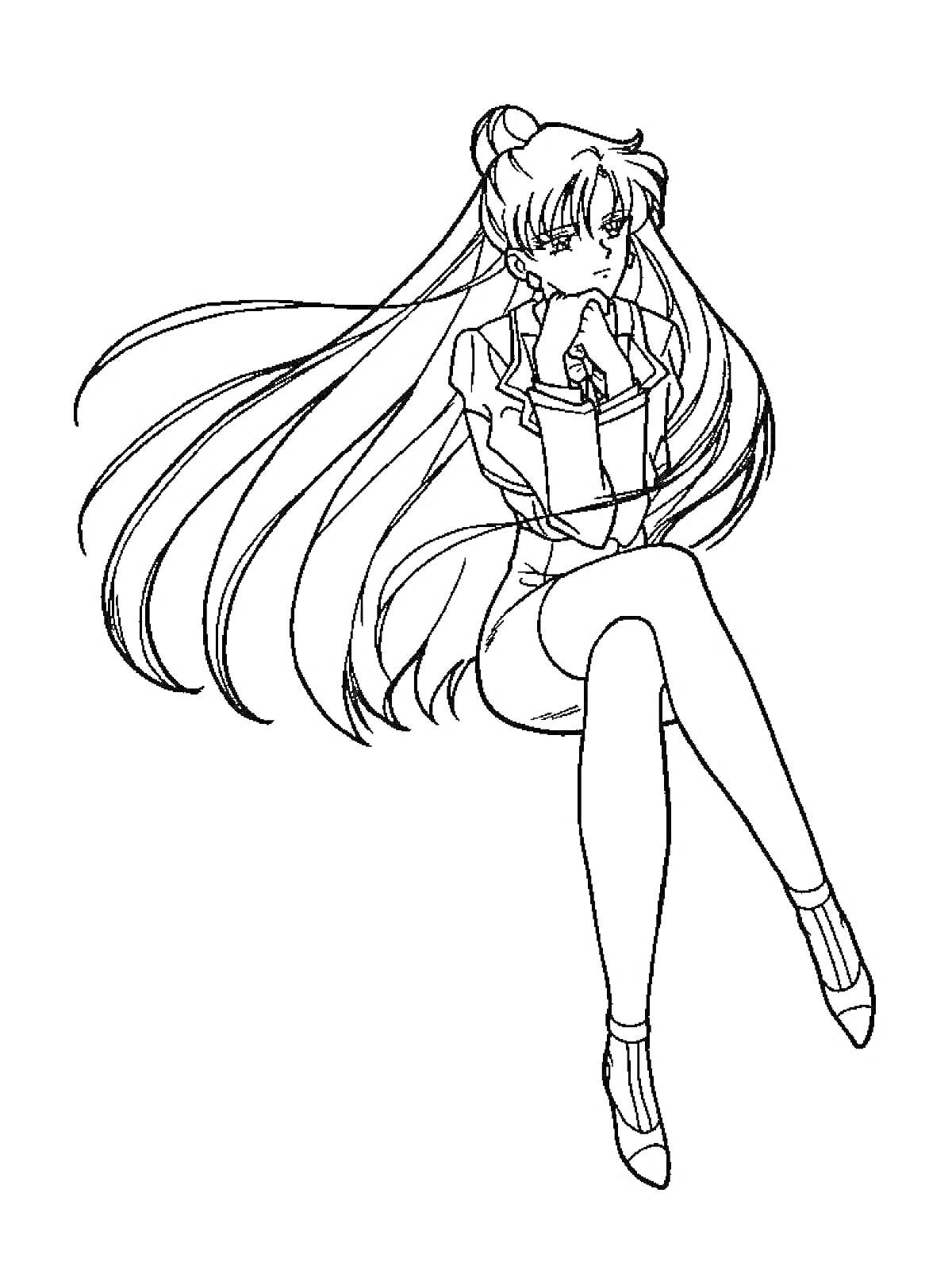 Раскраска Девушка аниме с длинными волосами и в школьной форме сидит, положив руку на подбородок