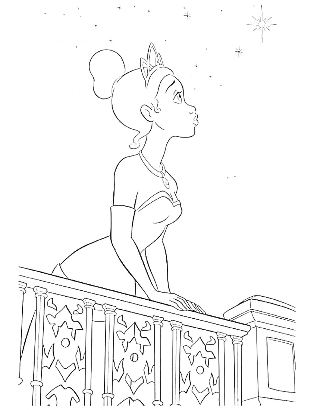 На раскраске изображено: Принцесса, Балкон, Звезды, Корона, Платье, Ночь