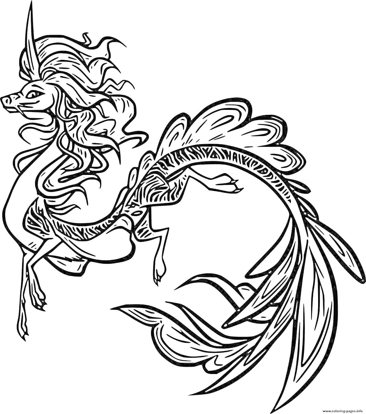 Раскраска Сису дракон с длинной гривой, закрученным хвостом и декоративными узорами на теле