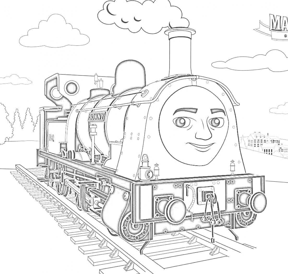На раскраске изображено: Железная дорога, Томас и его друзья, Облака, Деревья, Здание