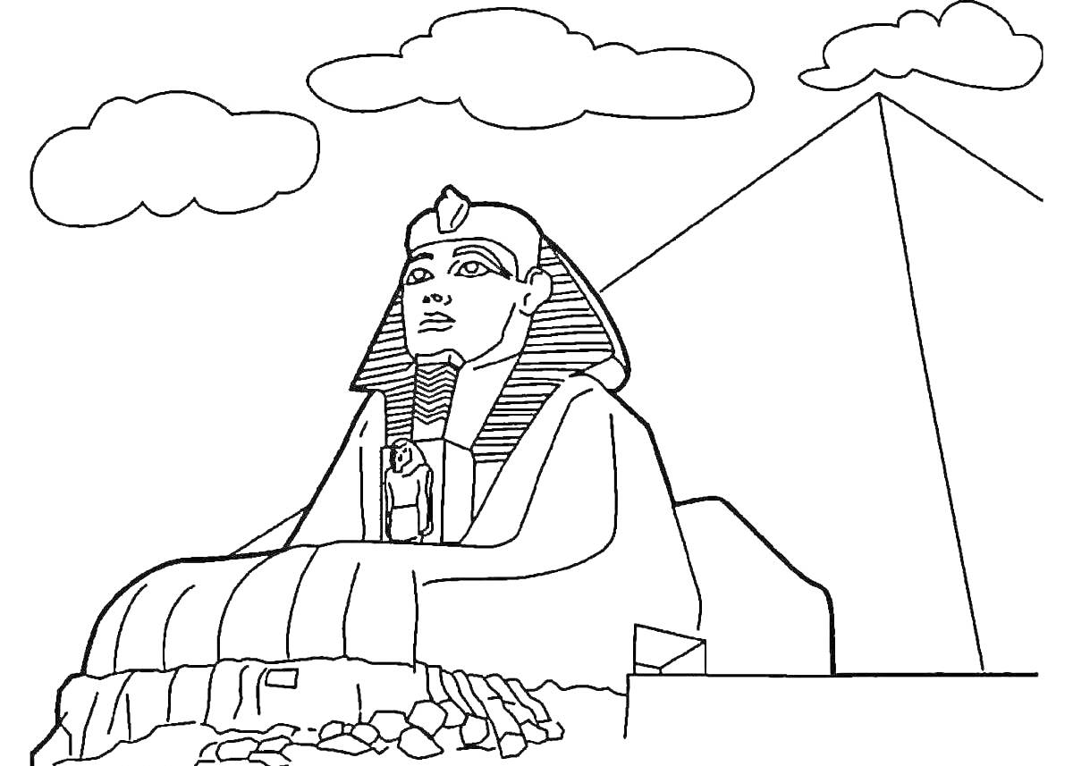 На раскраске изображено: Сфинкс, Пирамида, Египет, Облака, Пустыня, История, Архитектура, Древний мир