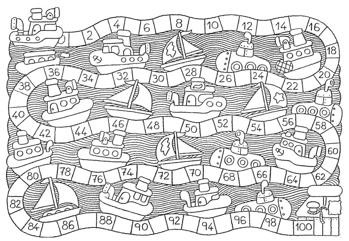 Раскраска Ходилка игра с кораблями и подводными лодками. На поле изображены пронумерованные клеточки и водный транспорт: корабли, подводные лодки, парусники.