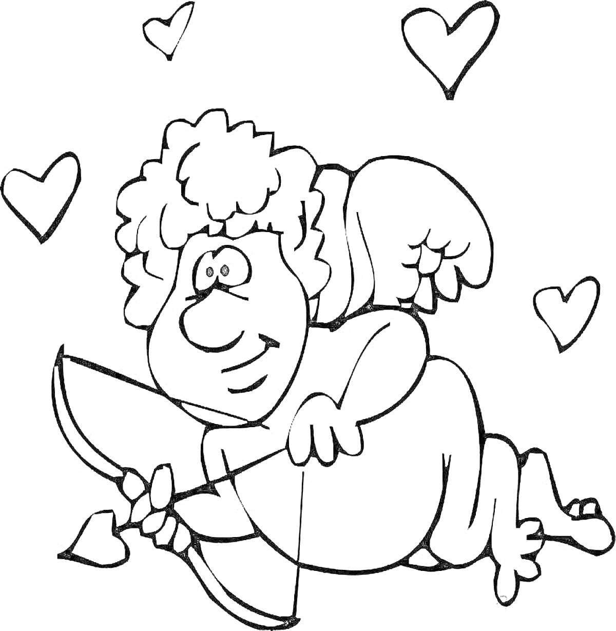 Раскраска Купидон с луком и стрелой, парящий среди сердец