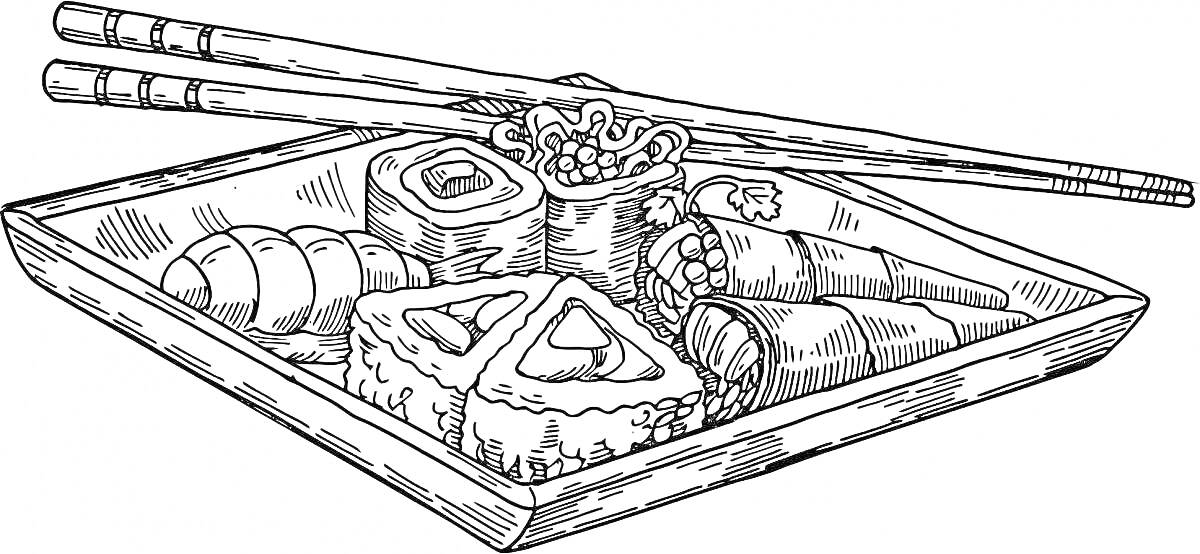 Раскраска Суши-тарелка с роллами, нигири, васаби и палочками для еды