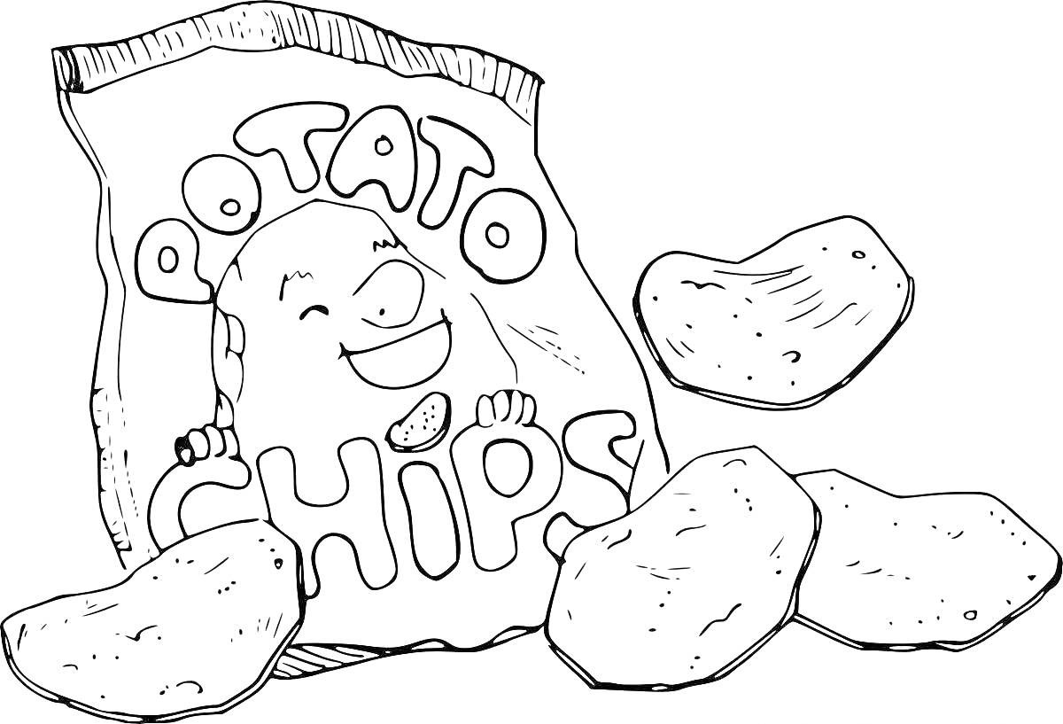 На раскраске изображено: Чипсы, Картофельные чипсы, Пакет, Еда, Закуски, Картофель