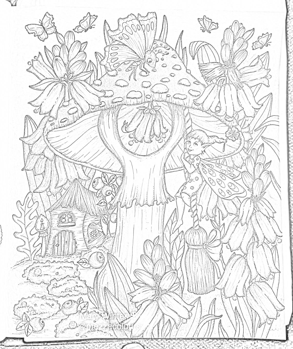 На раскраске изображено: Фея, Домик, Цветы, Лес, Природа