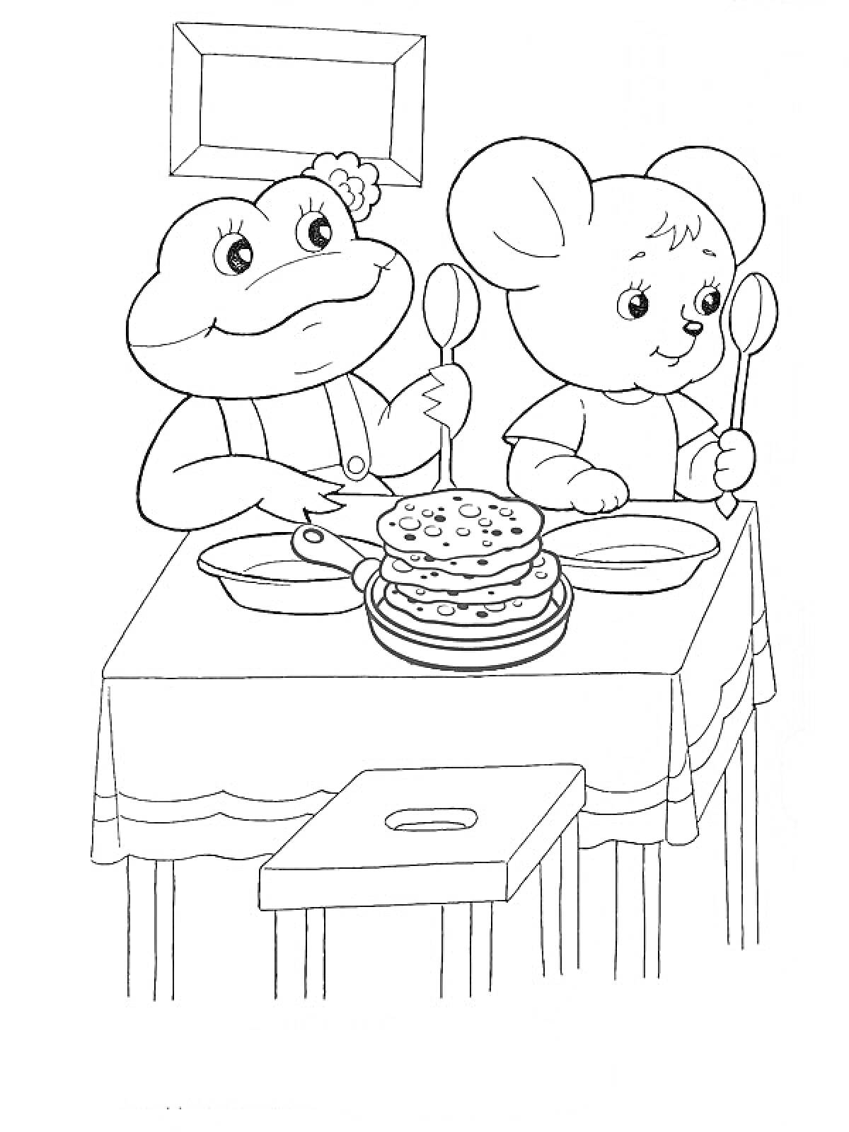 Лягушка и мышонок за столом с блинами, ложками и тарелками на фоне картины на стене