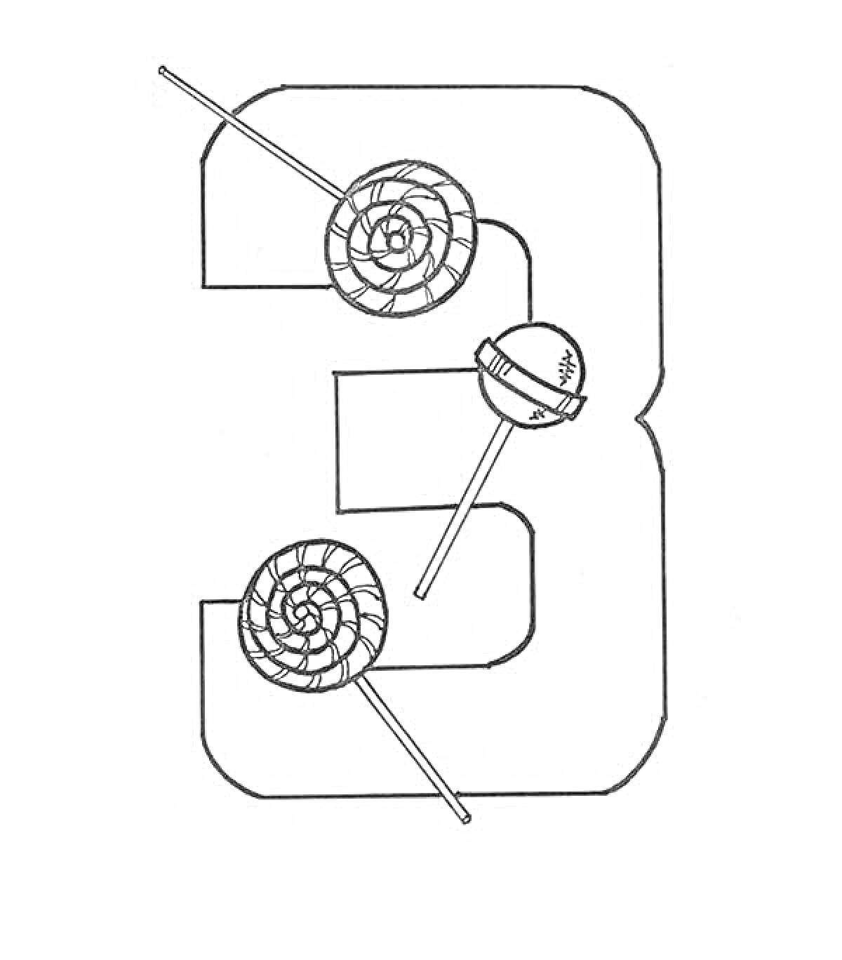Раскраска Цифра 3 с тремя леденцами