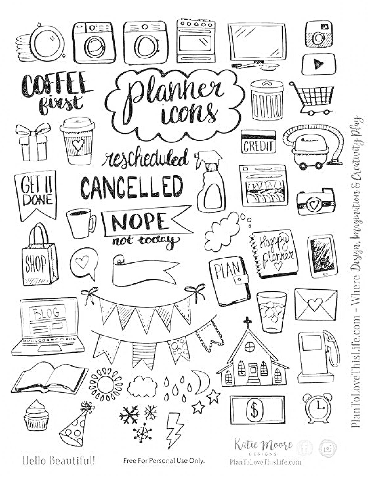 Раскраска Наклейки для личного дневника с иконками планирования, включающие кофе, фотоаппараты, корзины для мусора, лампочки, кредитные карты, флаги, книги, облака и звезды.