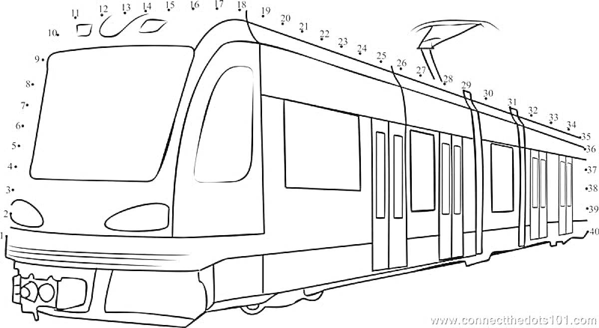 Раскраска раскраска по номерам с изображением вагона метро с дверьми, окнами и пантографом