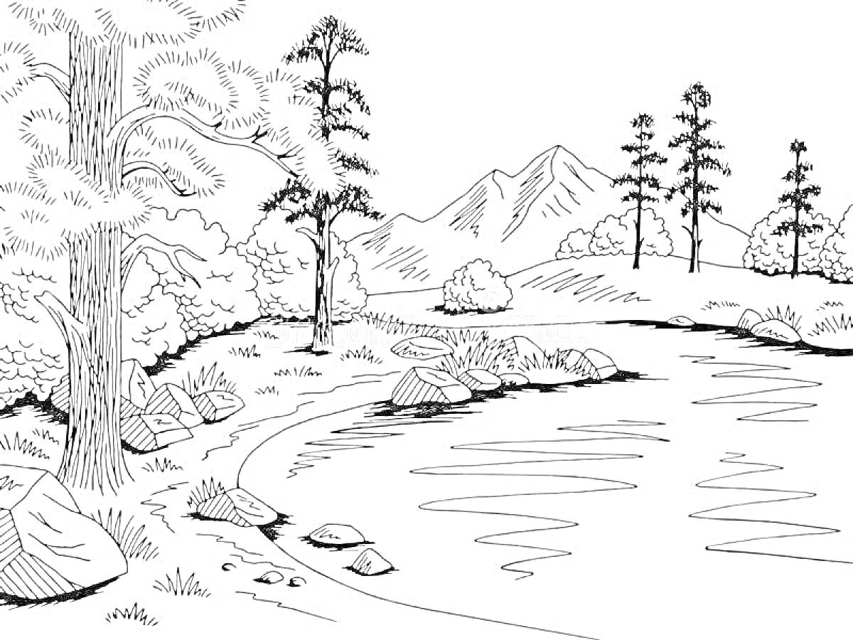 Раскраска Озеро среди гор с деревьями и камнями на берегу