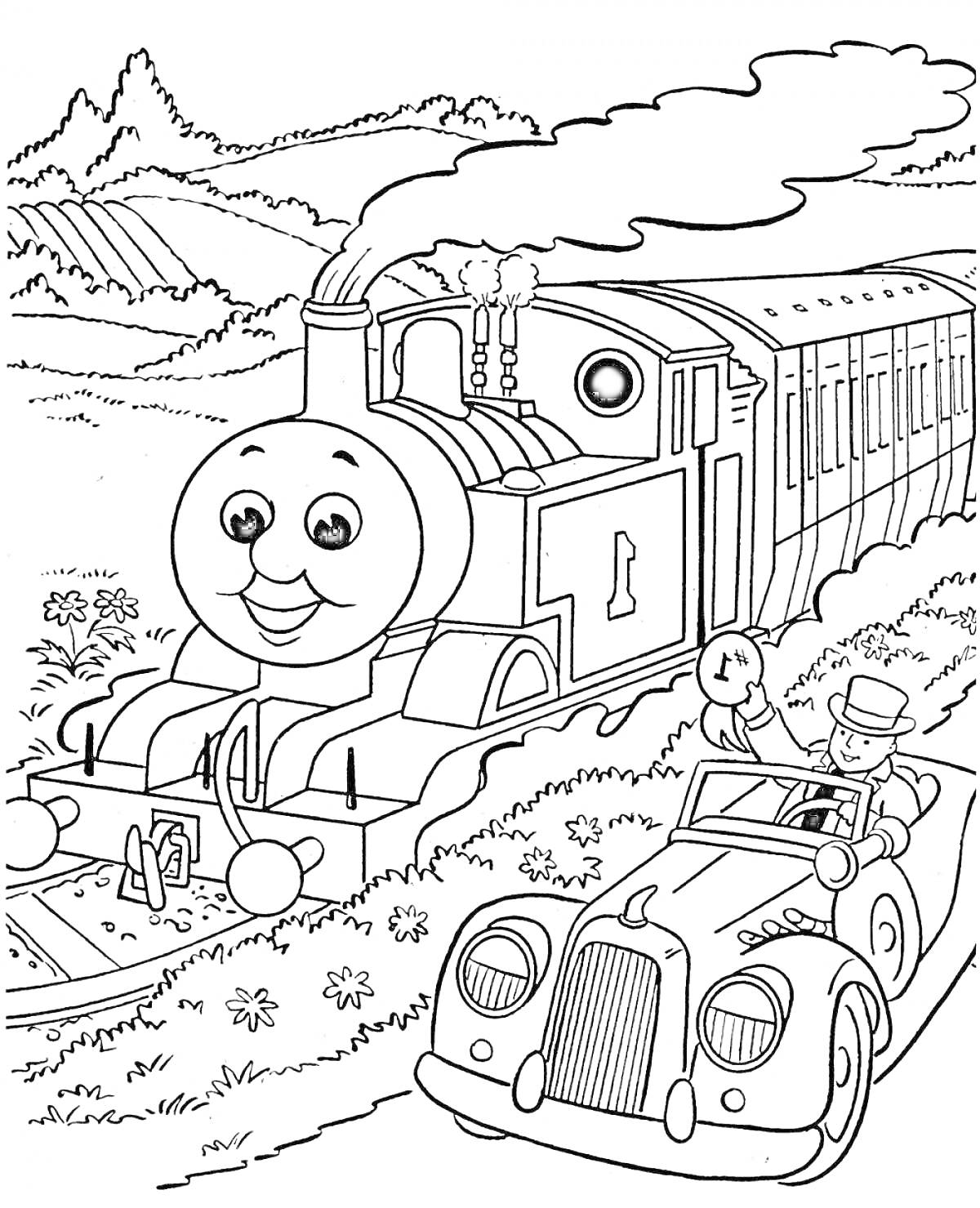 На раскраске изображено: Томас и его друзья, Поезд, Водитель, Железная дорога, Пейзаж, Горы, Деревья, Из мультфильмов, Авто