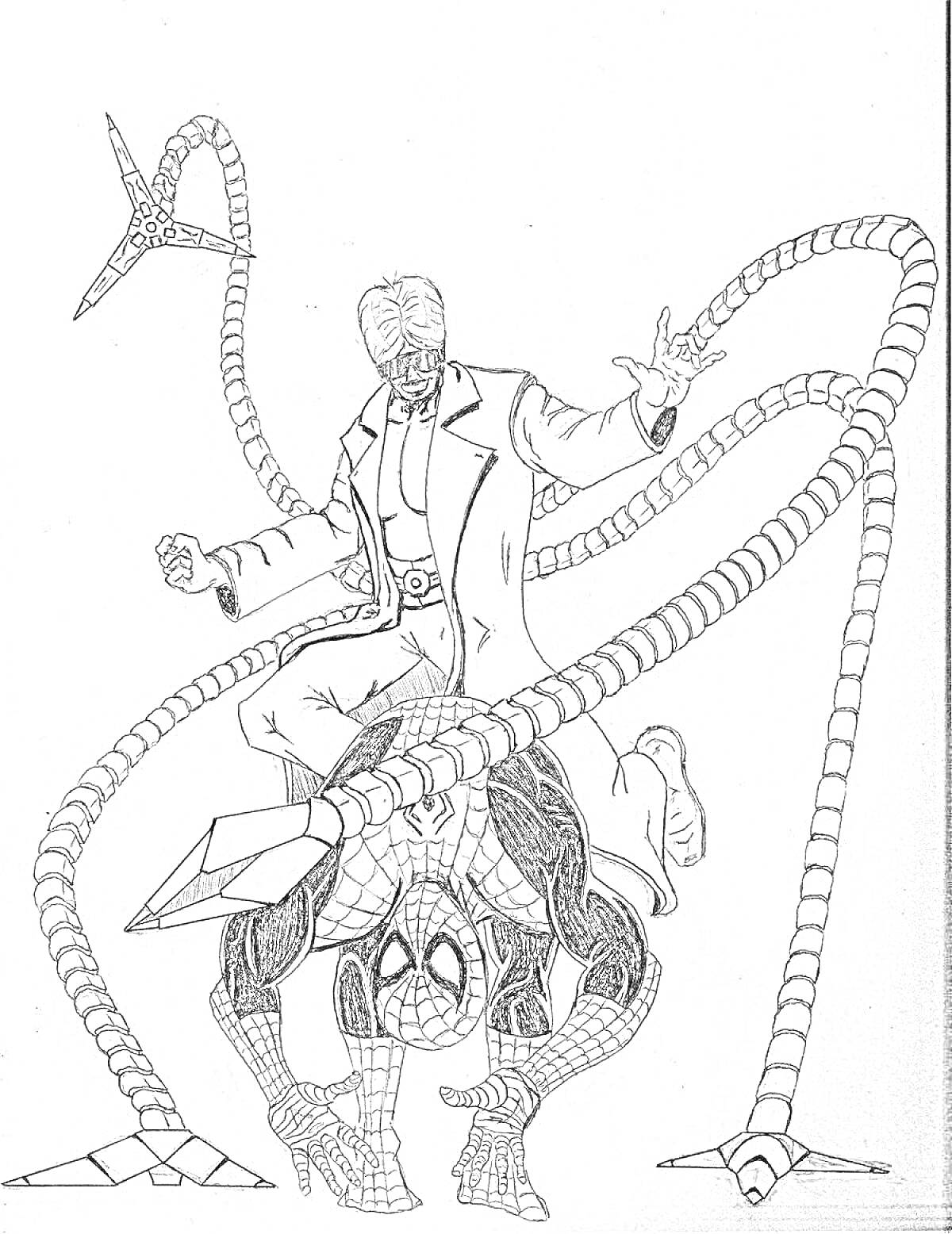 На раскраске изображено: Доктор осьминог, Щупальца, Человек-паук, Супергерои, Злодеи, Комиксы