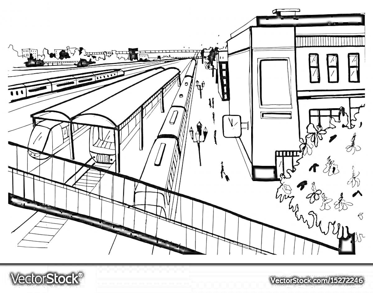 Раскраска Железнодорожный вокзал с мостом, поездами, пассажирами и зданием вокзала