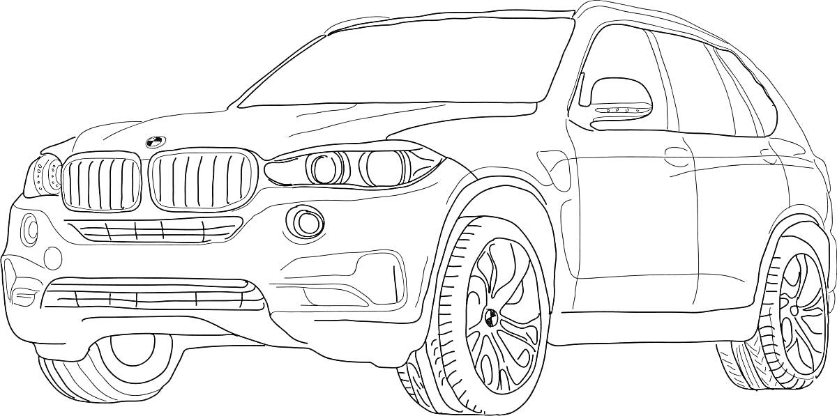 Раскраска BMW X5, передняя часть машины с боковым видом, фары, капот, передняя решетка, колеса, боковые окна, зеркала, дверь