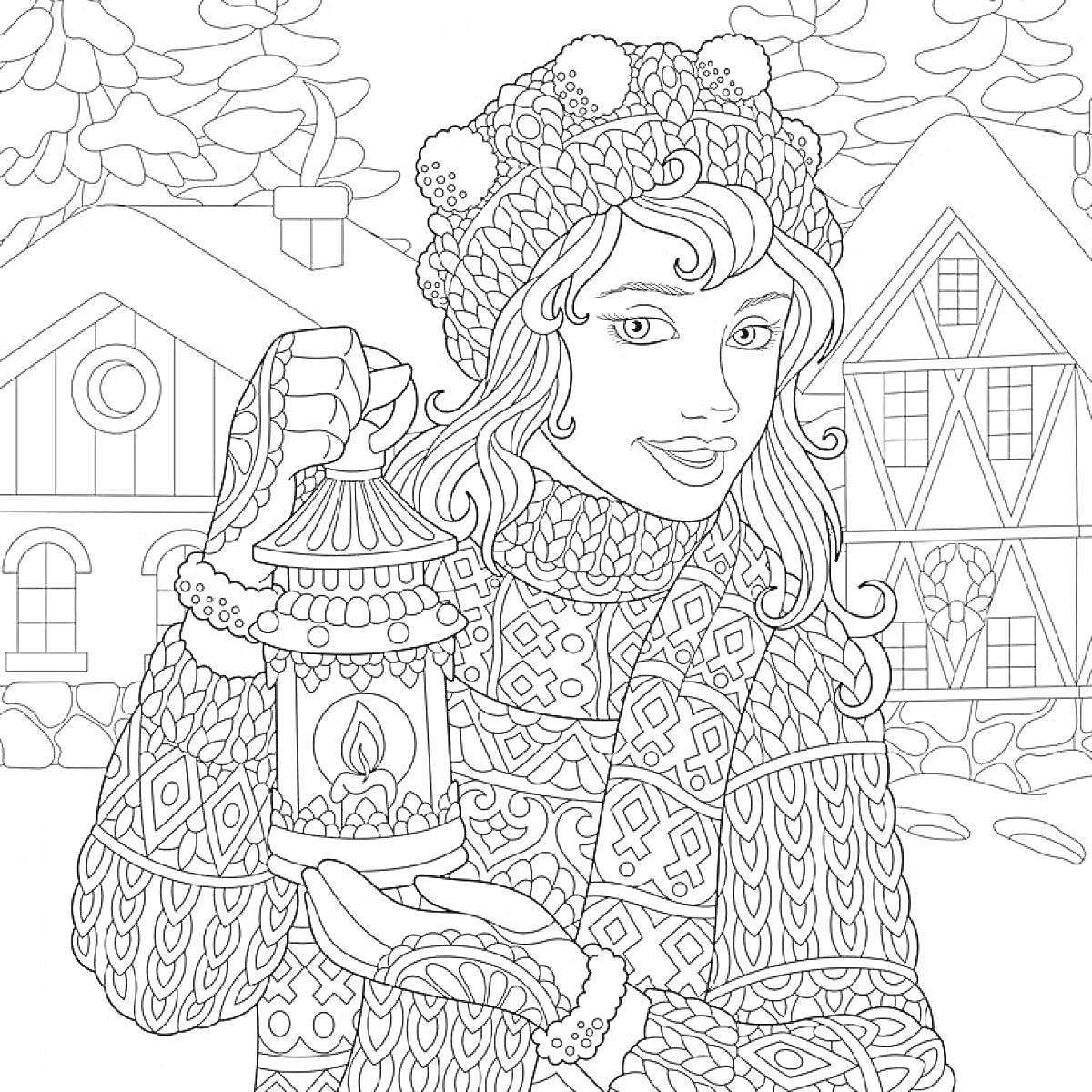 Раскраска Девушка в зимней одежде с фонариком на фоне зимнего пейзажа с домами и деревьями