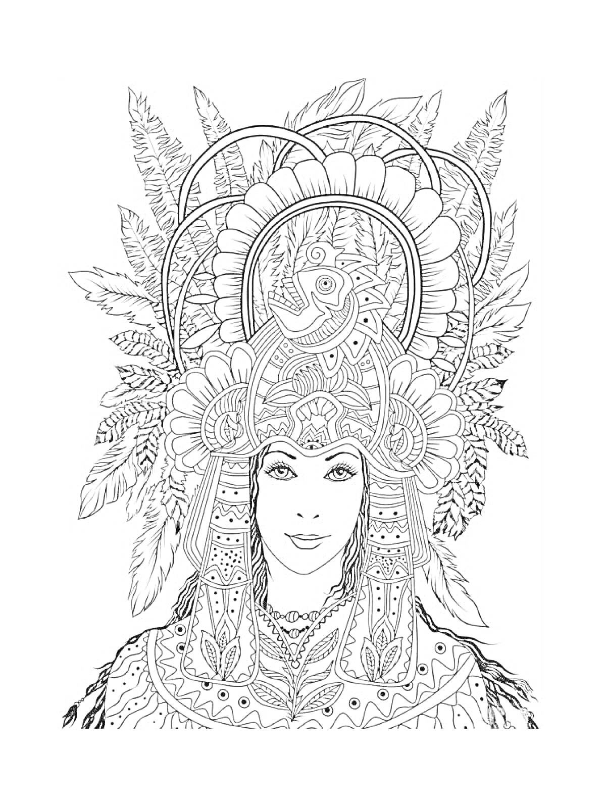 Женщина в карнавальном костюме с большим головным убором из перьев и узоров
