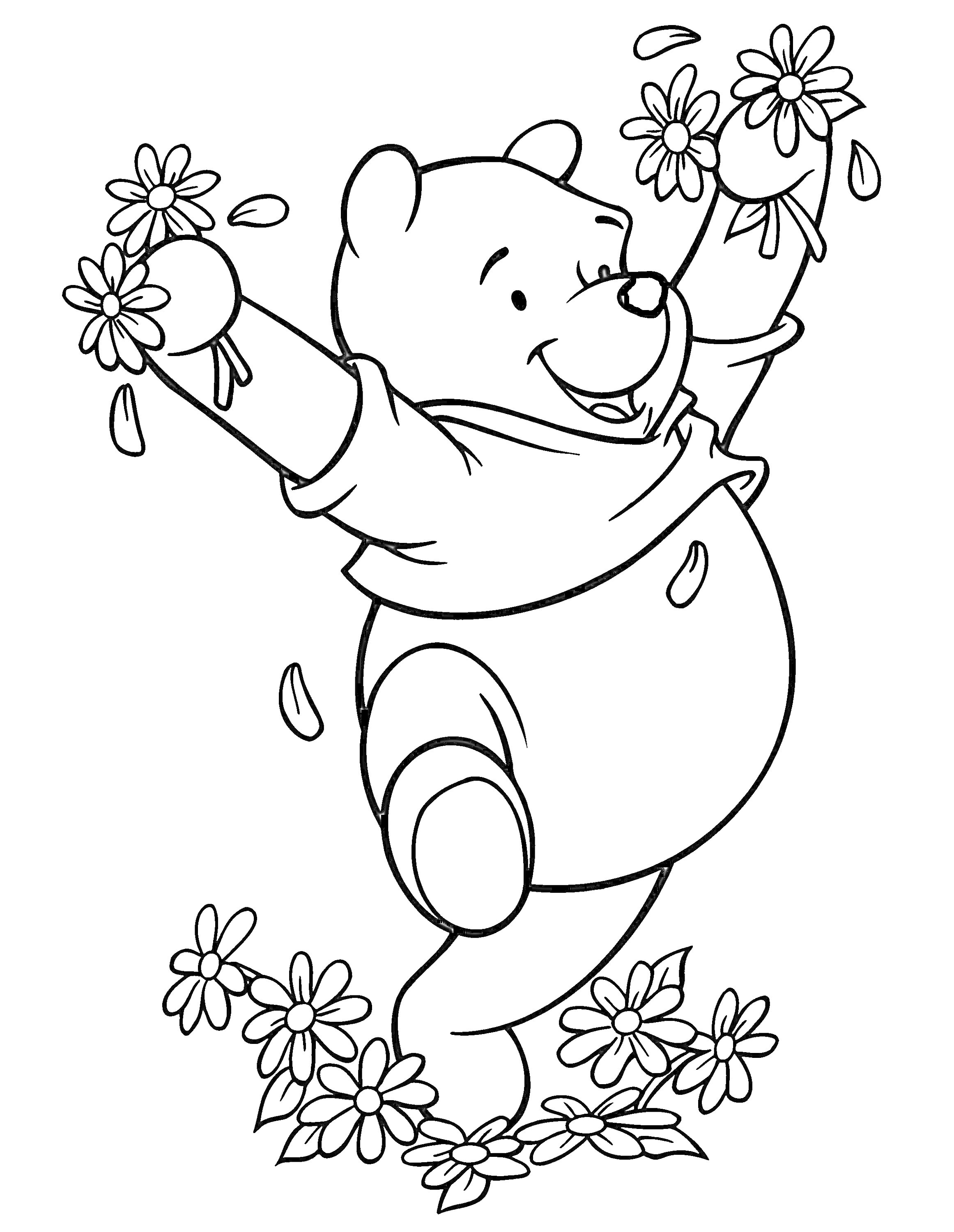 На раскраске изображено: Винни-Пух, Цветы, Для малышей, Радость, Природа