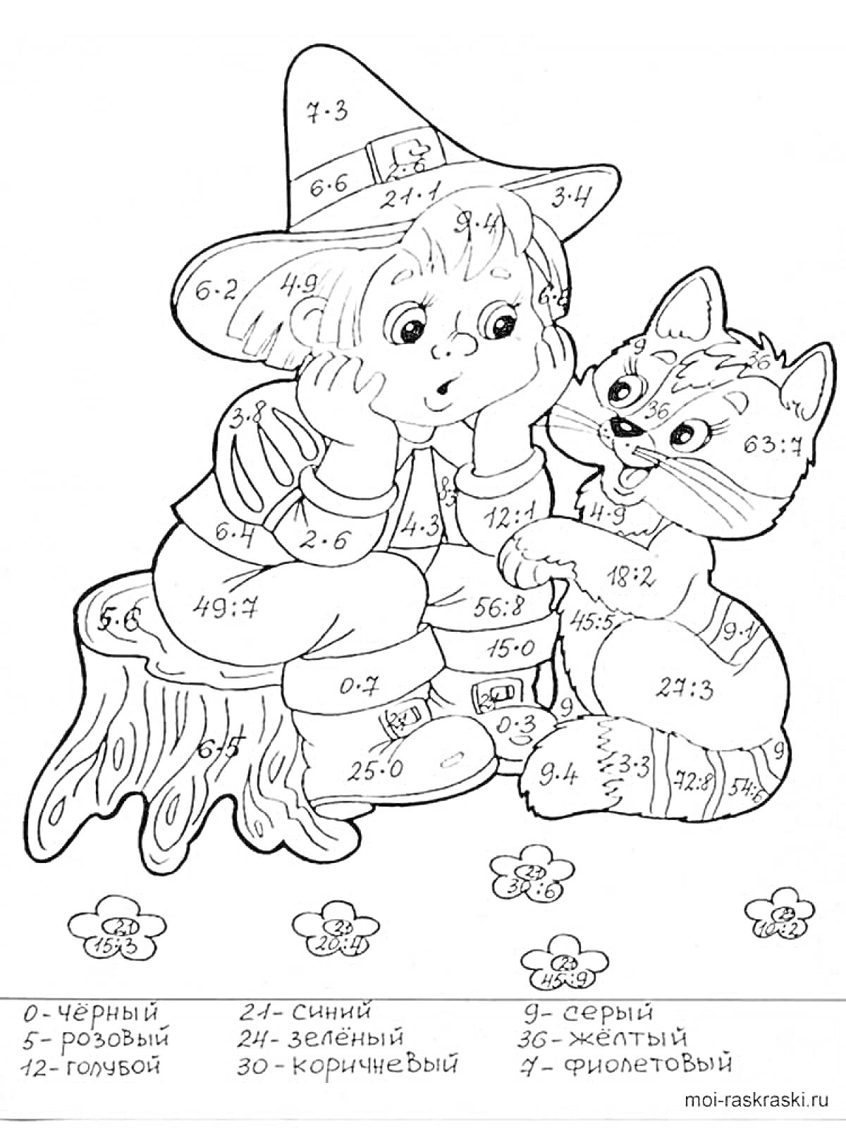 Раскраска Раскраска с мальчиком в шляпе и котенком, система раскрашивания по номерам