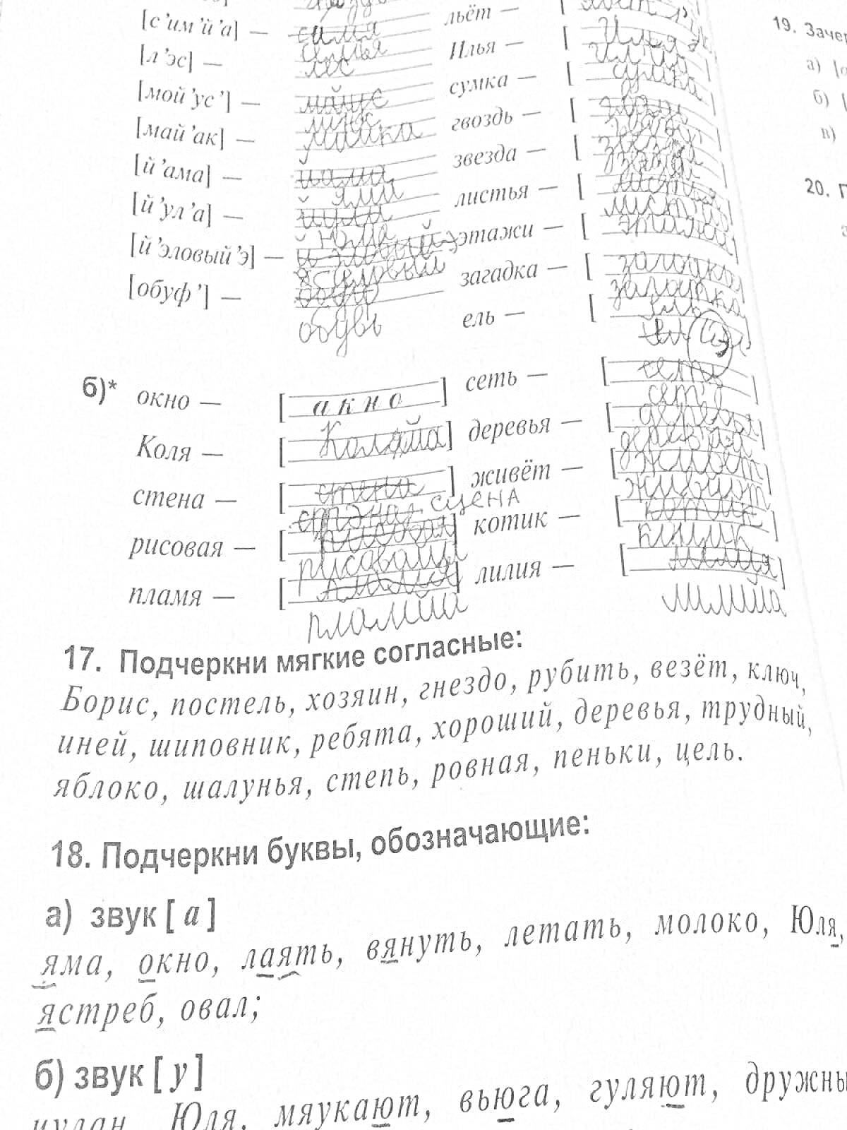 Раскраска Тетрадь, упражнение на подчеркивание мягких согласных у Марины, книга