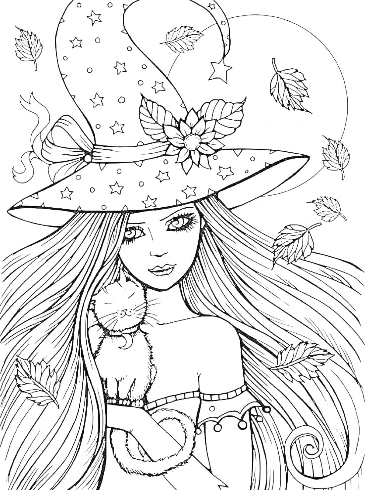 Раскраска Девочка с длинными волосами в волшебной шляпе, держащая котенка, осенние листья