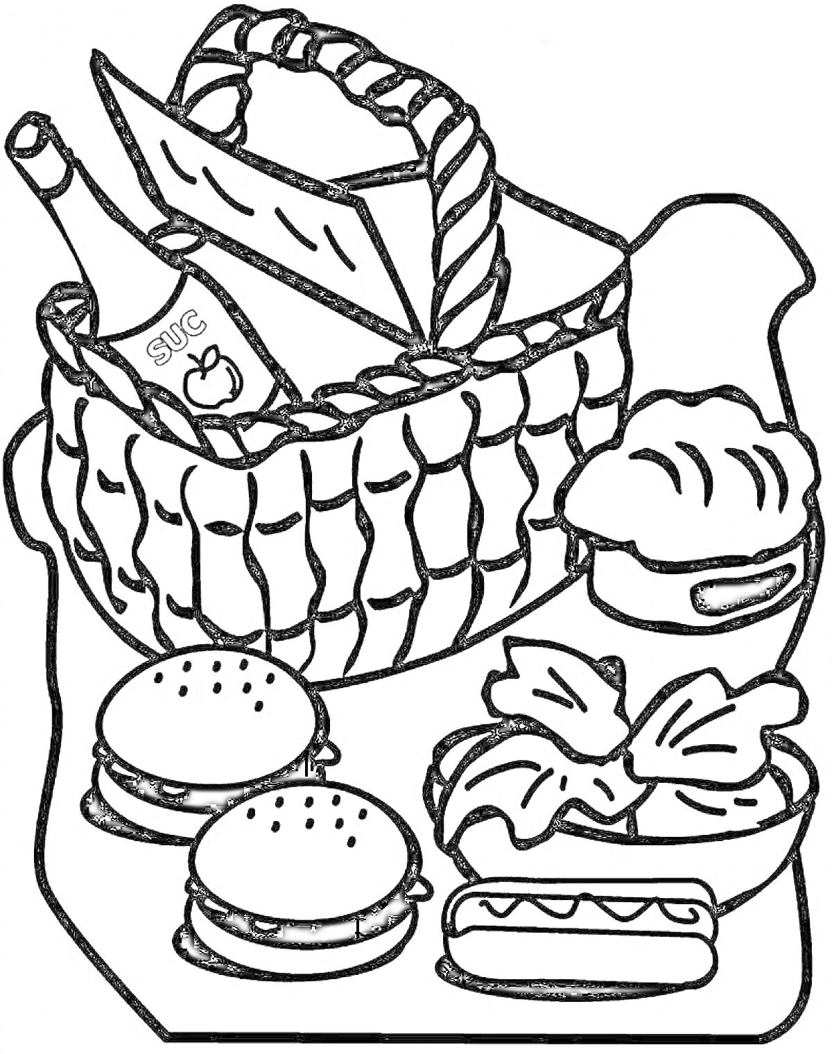 На раскраске изображено: Корзина, Продукты, Сок, Хлеб, Пирожное, Крем, Салат, Пикник, Еда, Булочка