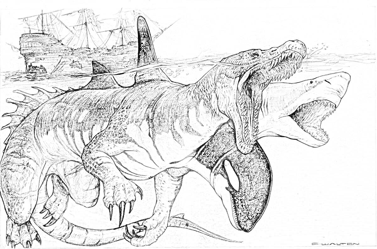 Раскраска Морское чудовище, акула, косатка, парусный корабль на фоне
