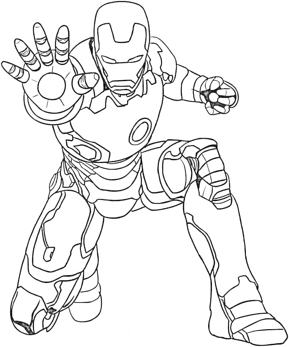 Раскраска Железный человек в динамичной позе с поднятой рукой, на колене и сжатым кулаком