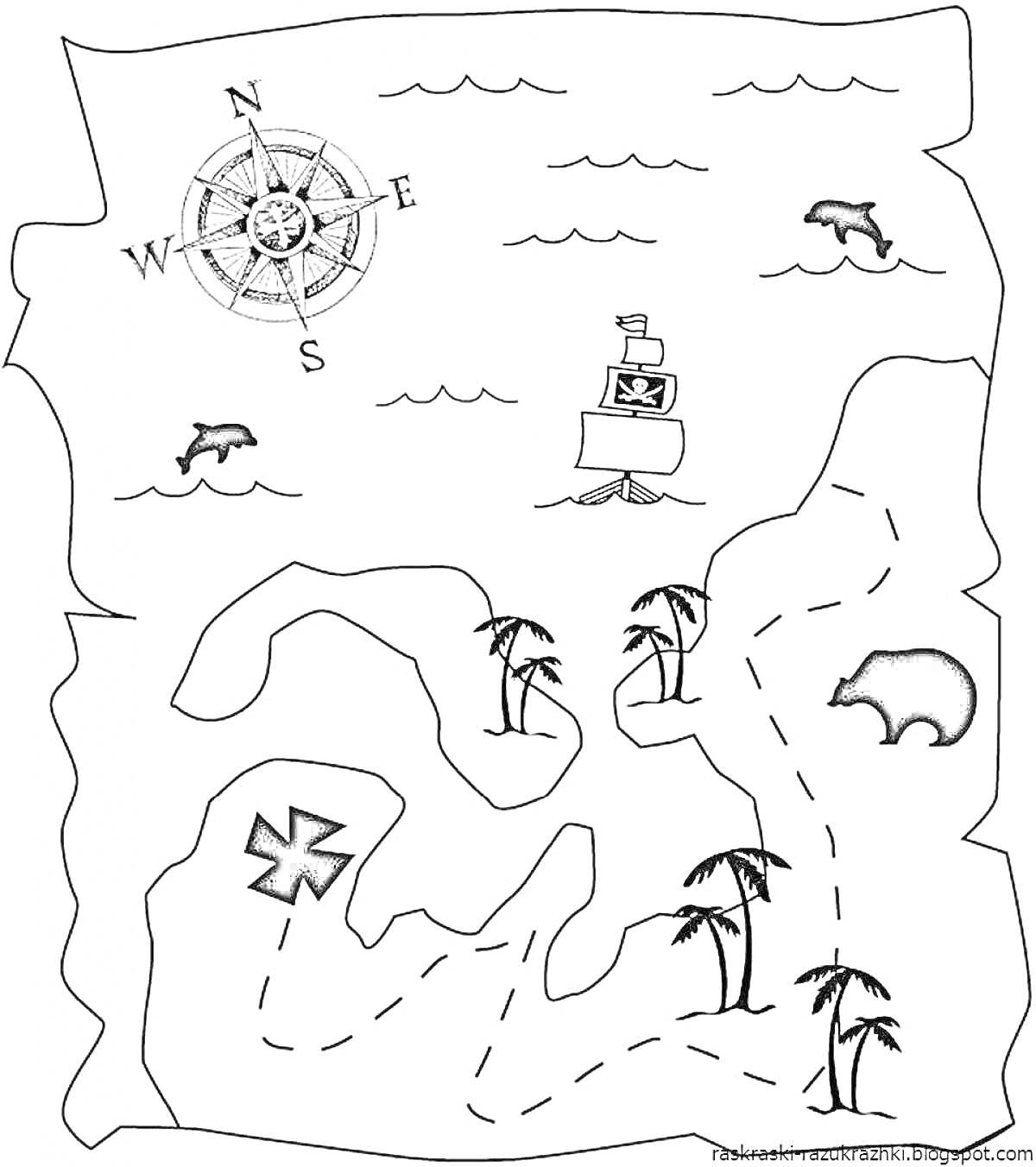 Раскраска Карта сокровищ с компасом, пиратским кораблем, медведем, крестом, пальмами и дельфинами