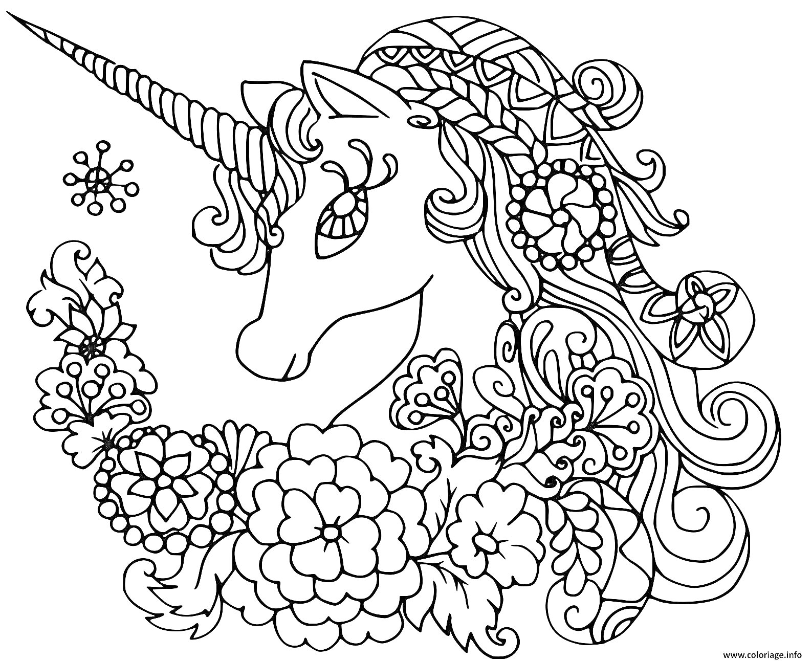 Раскраска Единорог среди цветов и узоров антистресс
