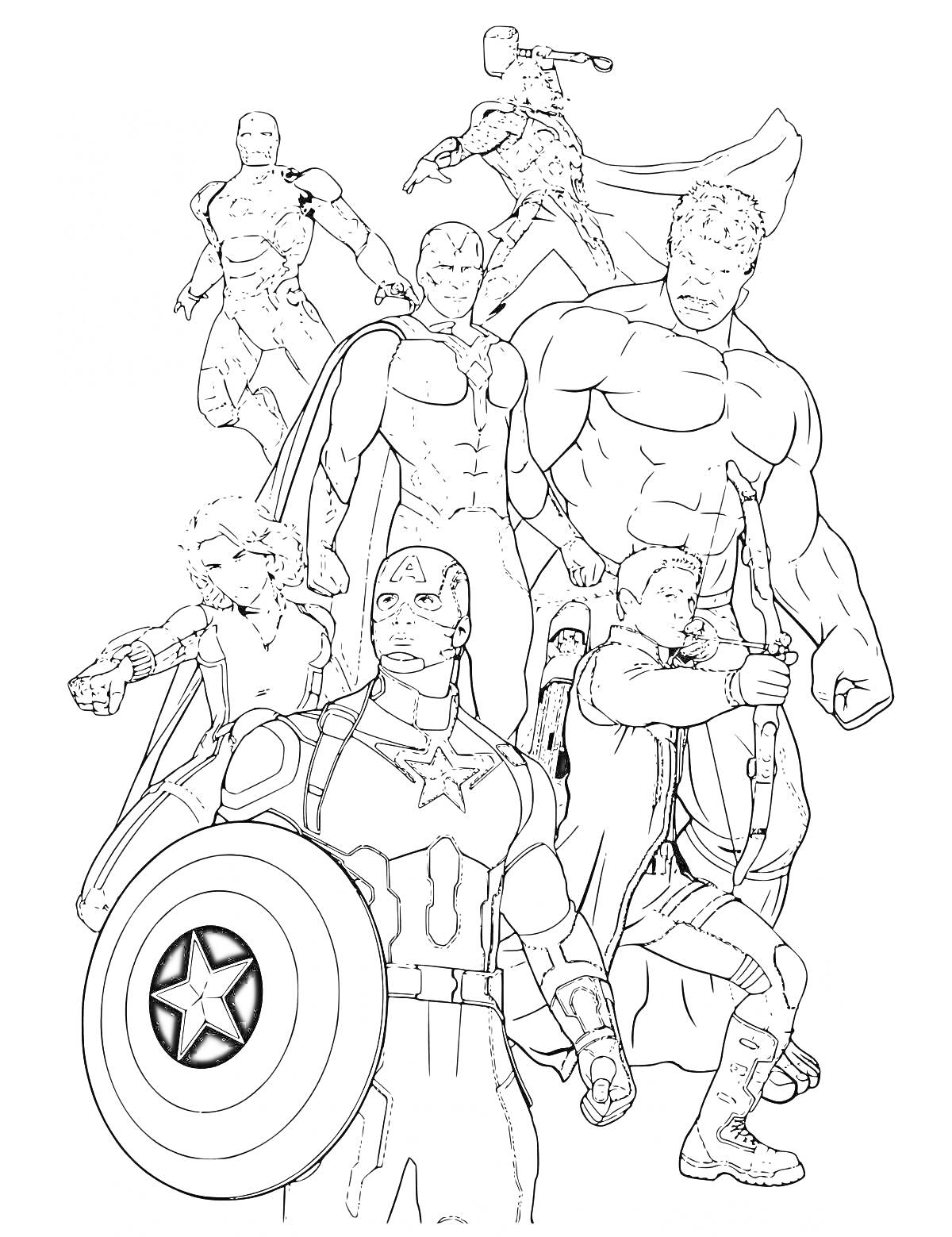 На раскраске изображено: Мстители, Капитан америка, Тор, Халк, Соколиный Глаз, Железный человек, Супергерои, Комиксы, Марвел