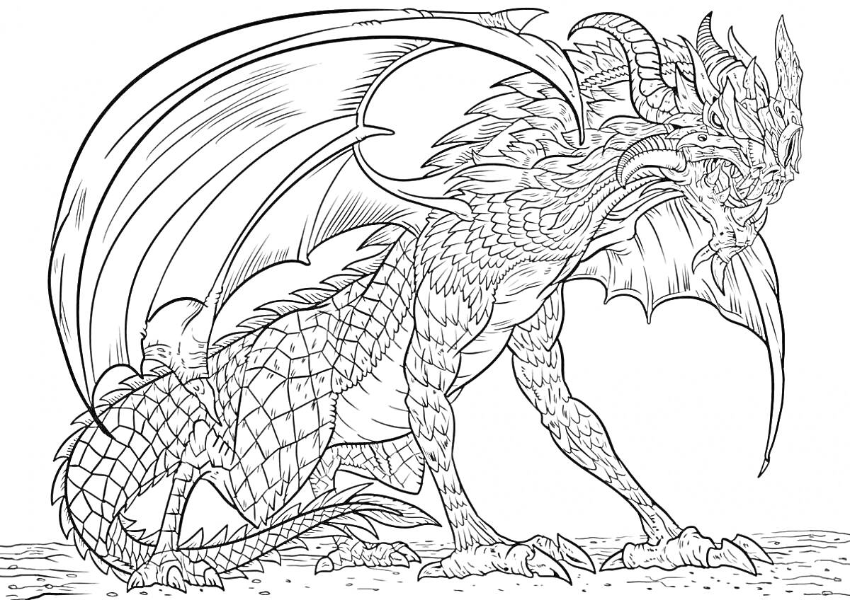 Раскраска Дракон, с поднятым крылом, сидящий на земле
