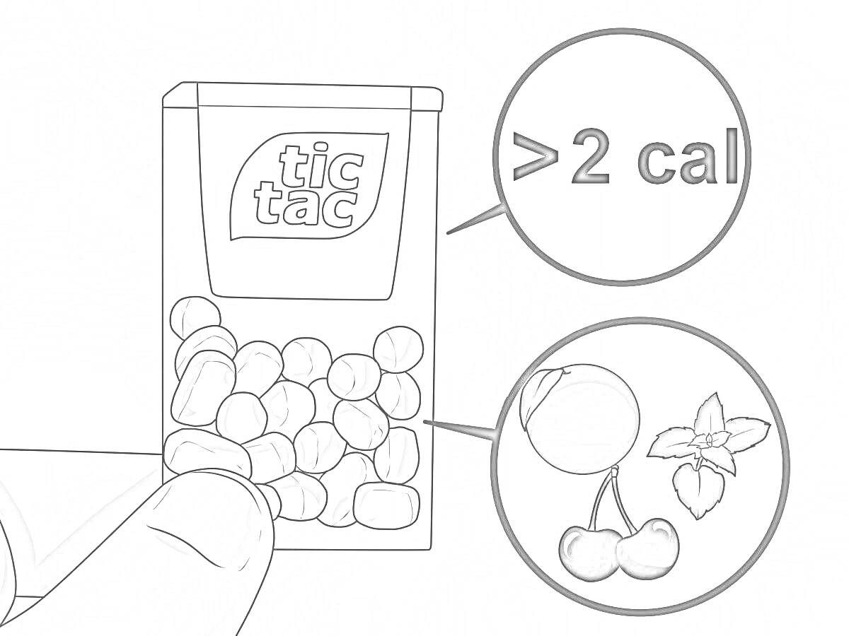 Раскраска Упаковка Tic Tac, показаны цифры и черешня с листьями мяты