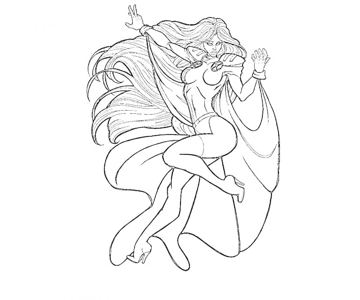 Раскраска Женщина с длинными волосами в развевающемся плаще и комбинезоне в прыжке