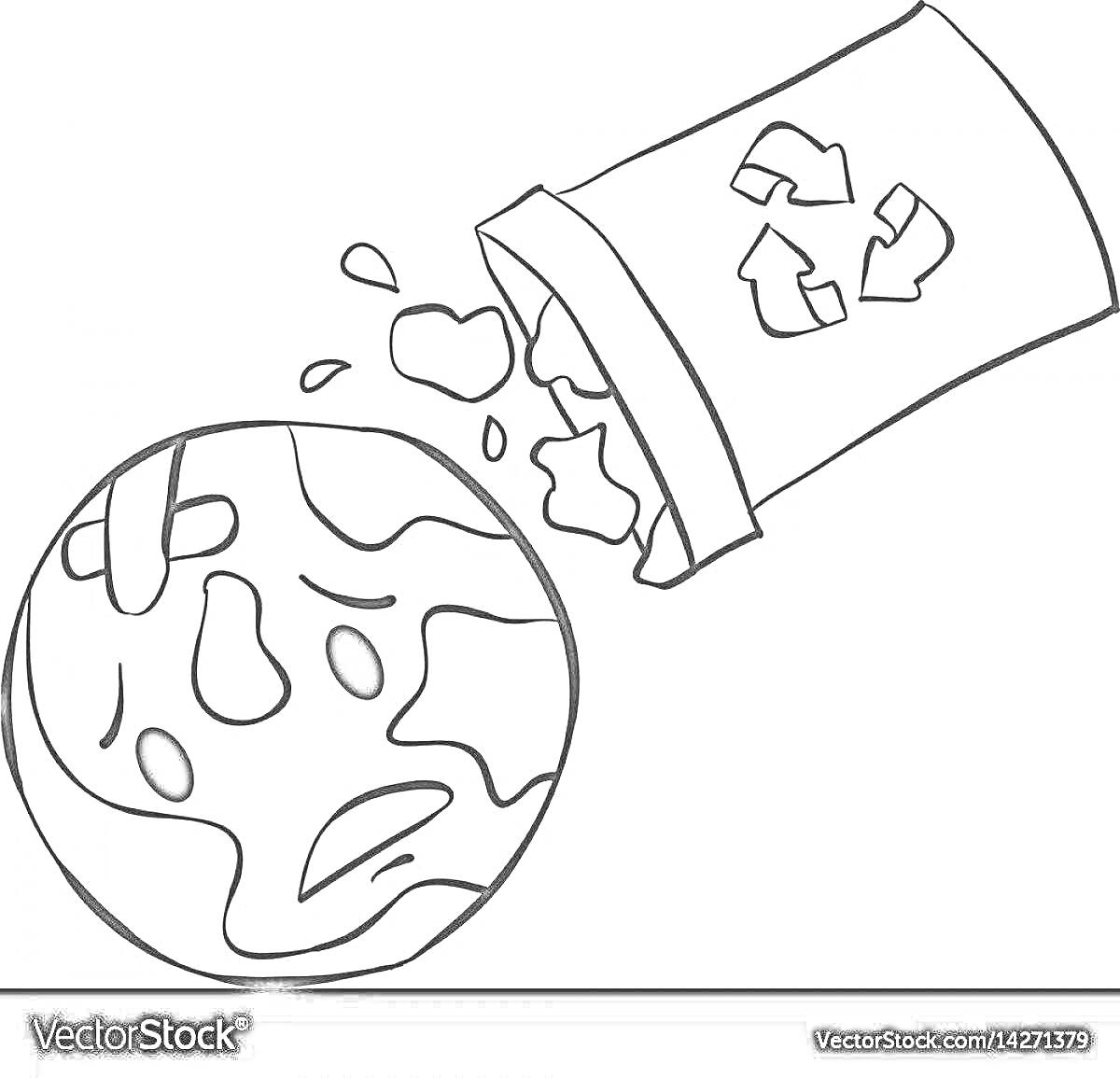На раскраске изображено: Планета Земля, Мусорное ведро, Переработка, Мусор, Экология, Защита окружающей среды