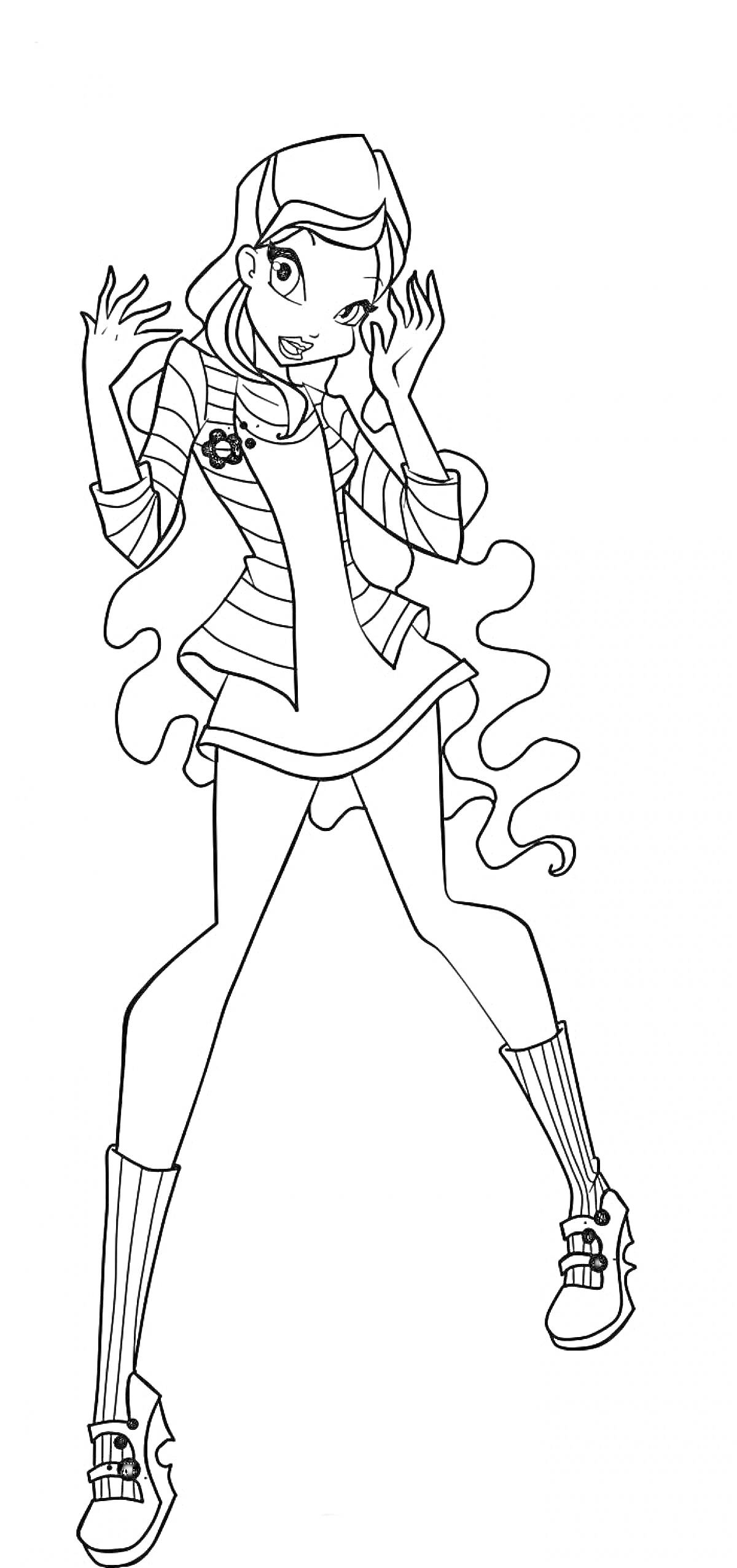 Раскраска Лейла из Винкс в повседневной одежде с длинными волосами и в кроссовках