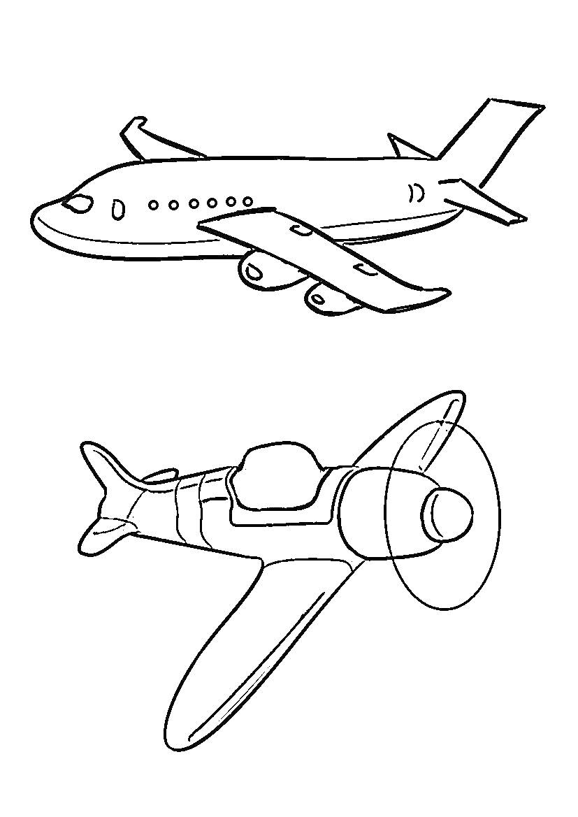 Раскраска Пассажирский самолёт и старинный самолёт с винтом