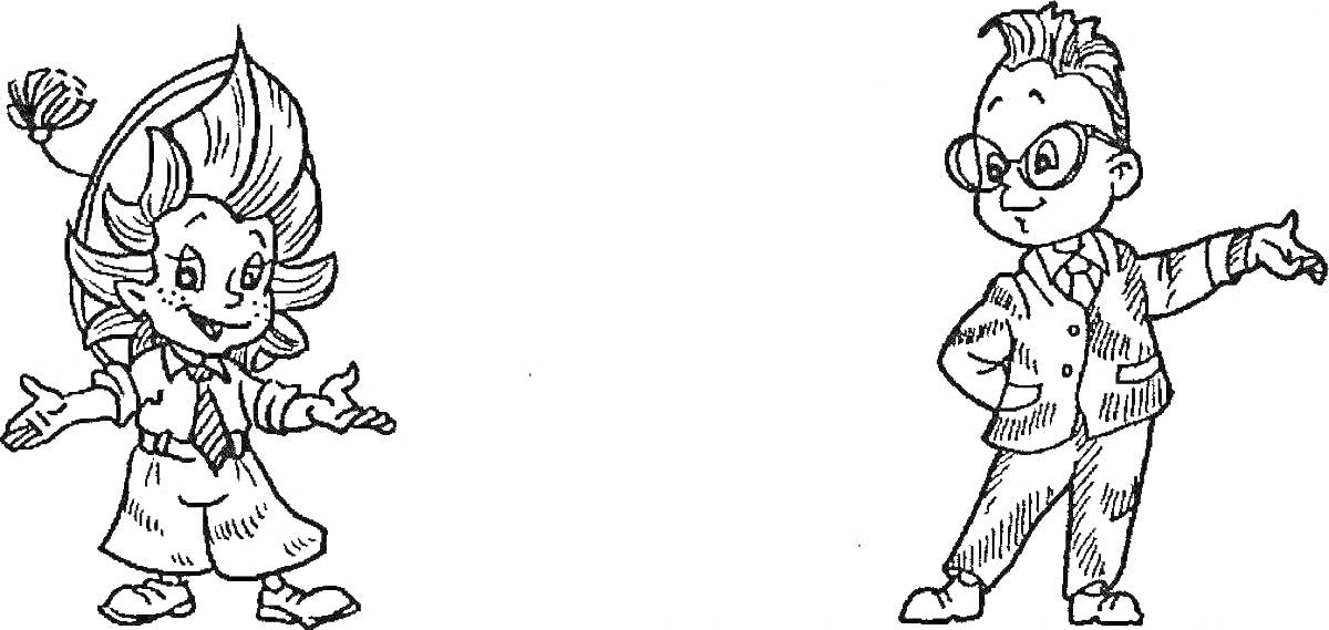 Раскраска Два персонажа мультфильма: мальчик с большой головой и мальчик в очках и костюме