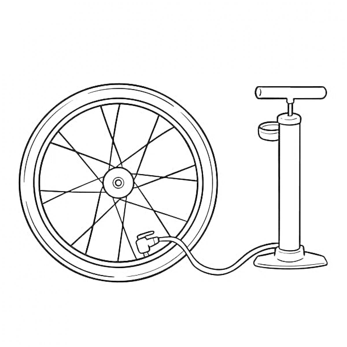 На раскраске изображено: Насос, Велосипед, Спицы, Спорт, Оборудование